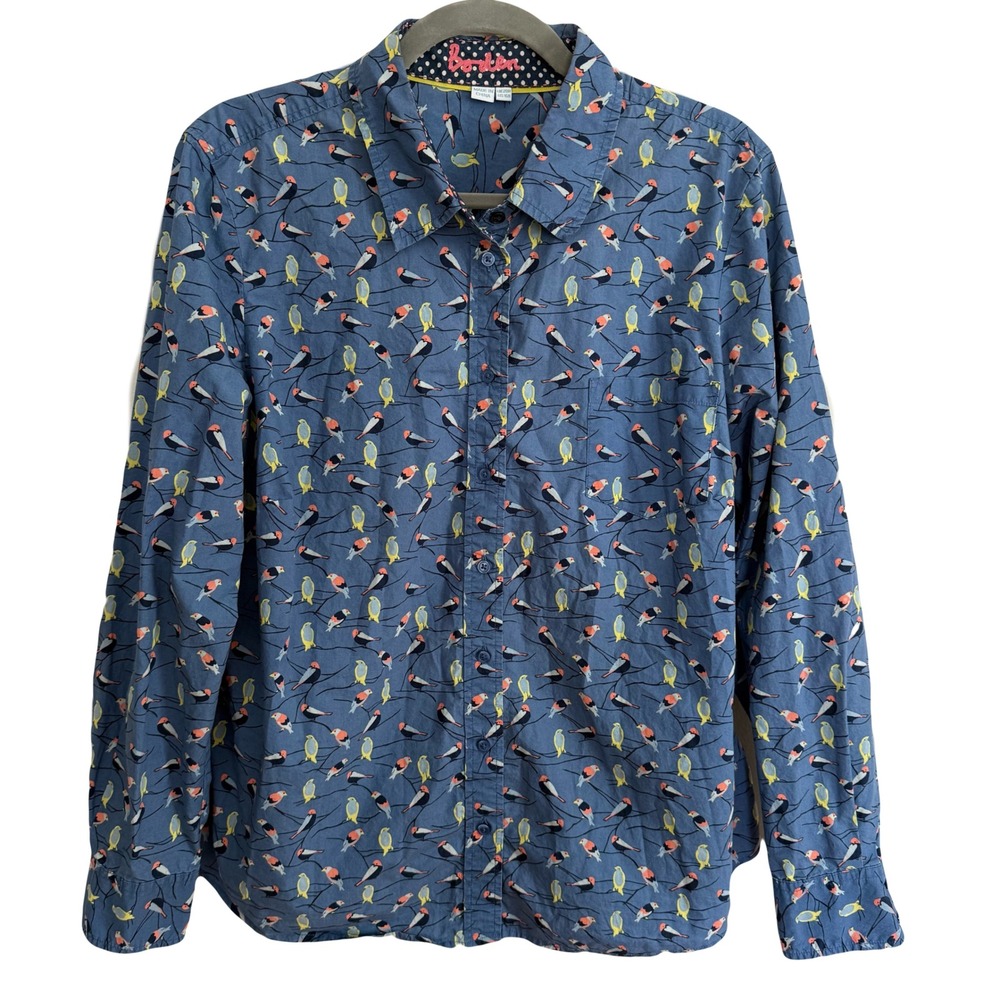 Boden Blue Button Down Shirt with Bird Print